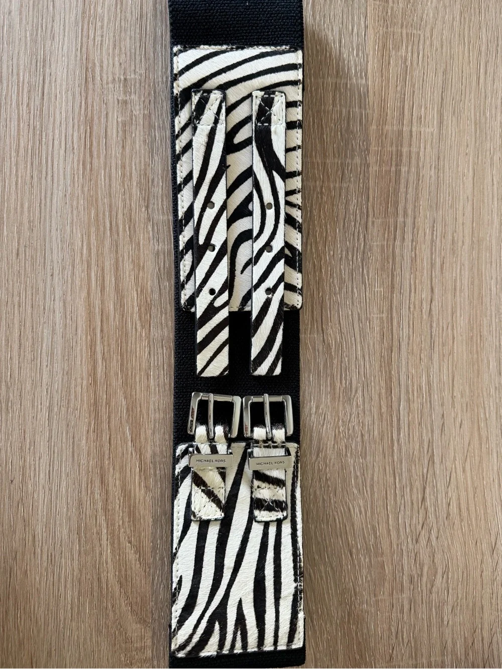 Michael Kors Black & White Zebra Elastic Waist Belt with Silver Hardware